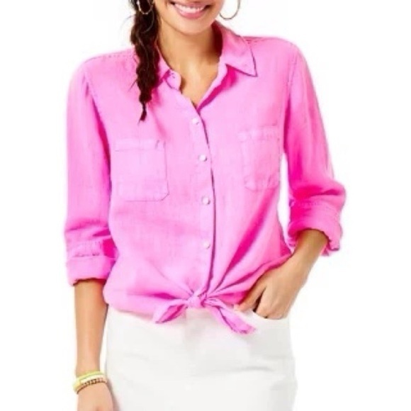 NEW Lilly Pulitzer Sea View Linen Button Down Top Amethyst Shirt - Picture 1 of 9